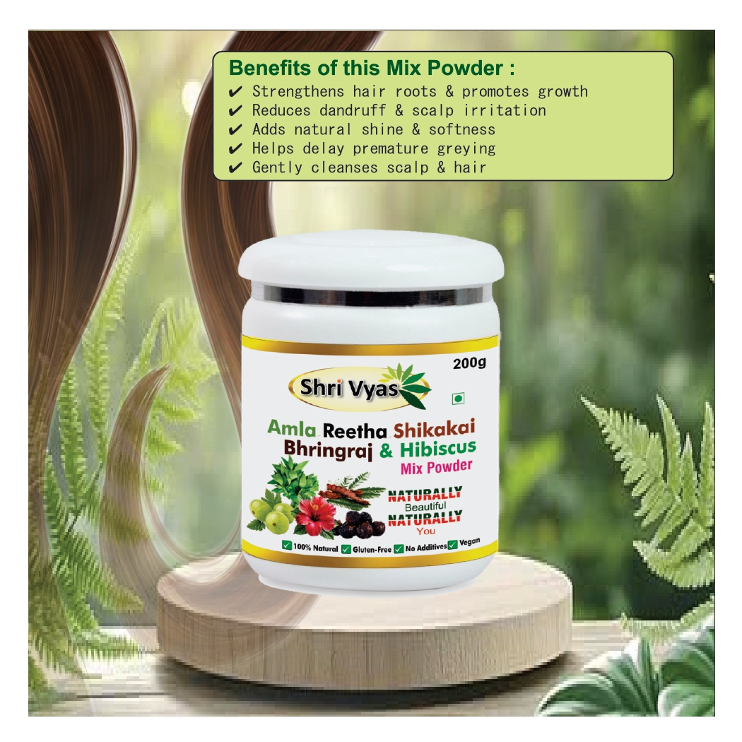Shri Vyas Amla Reetha Shikakai Bhringraj & Hibiscus Powder | Herbal Hair Wash & Hair Care Powder | Controls Hair Fall, Promotes Hair Growth | 100% Natural & Chemical-Free | 200g - Image 3