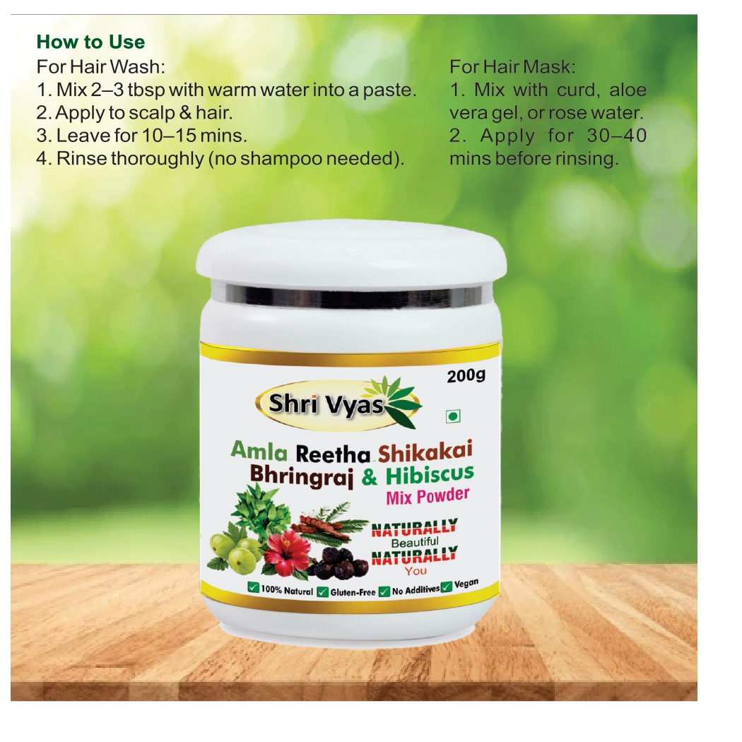 Shri Vyas Amla Reetha Shikakai Bhringraj & Hibiscus Powder | Herbal Hair Wash & Hair Care Powder | Controls Hair Fall, Promotes Hair Growth | 100% Natural & Chemical-Free | 200g - Image 2