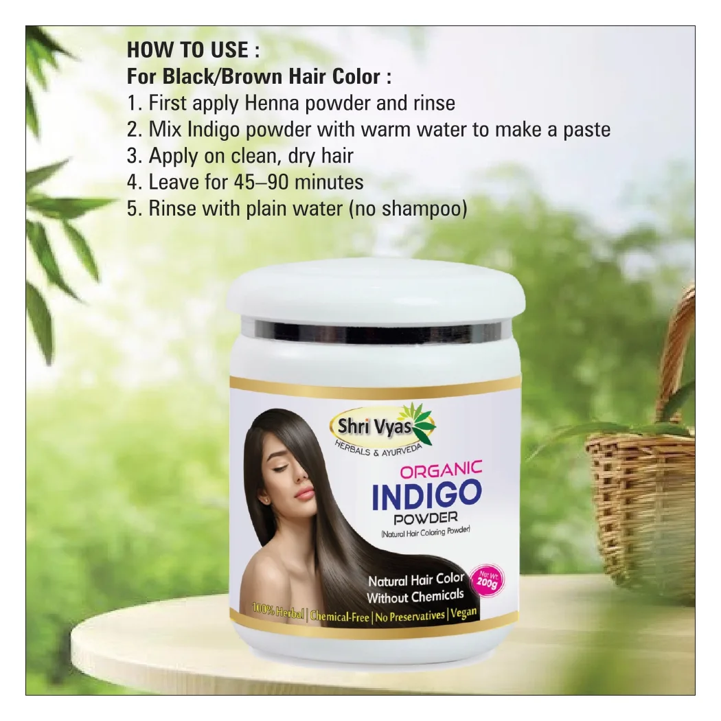 Shri Vyas Organic Indigo Powder for Hair – 100% Herbal Natural Hair Coloring Powder | Chemical-Free, No Preservatives, Vegan | For Black & Dark Brown Hair | 200g - Image 2